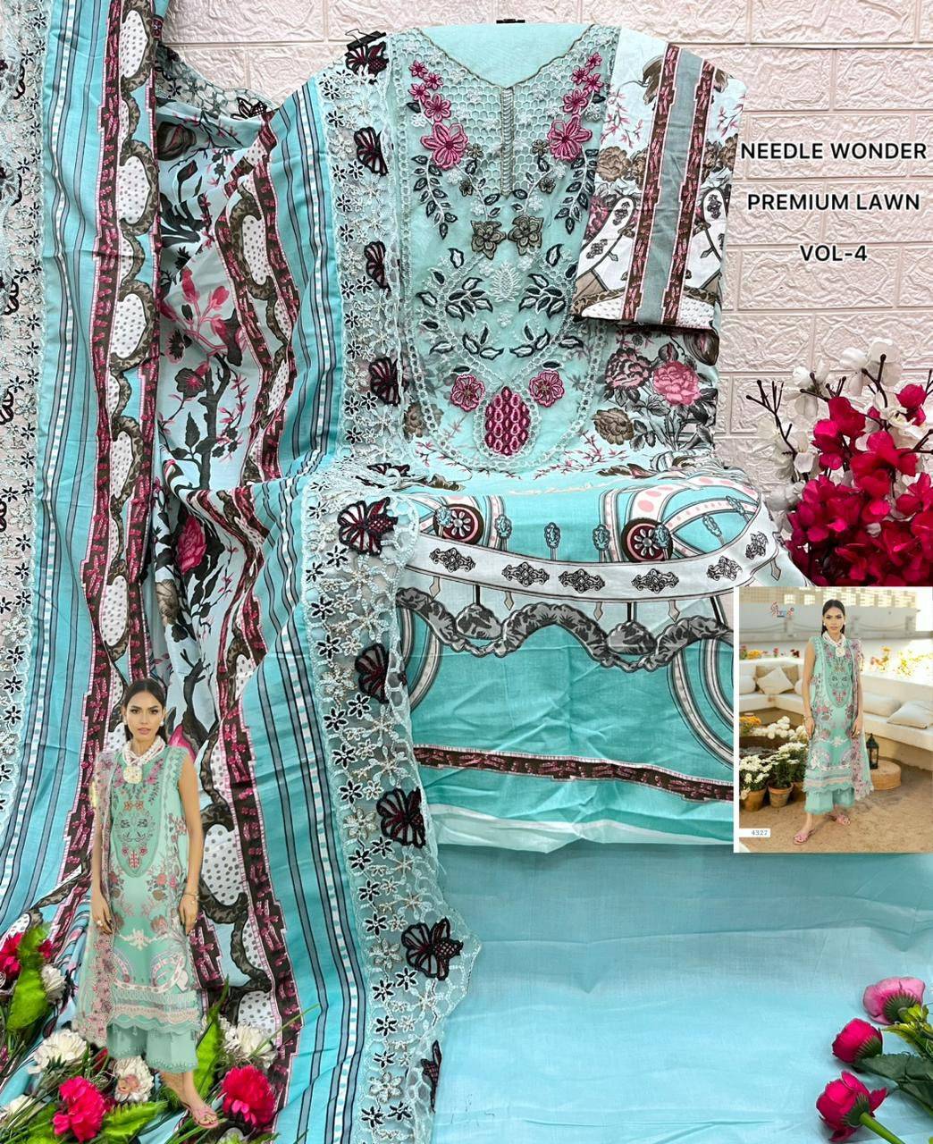 NEEDLE WONDER PREMIUM LAWN VOL-4 By Shree Fabs 4321 To 4328 Series Designer Pakistani Suits Pure Cotton print Dresses At Wholesale Price